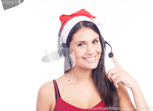 Image of Christmas headset woman from telemarketing call center wearing r