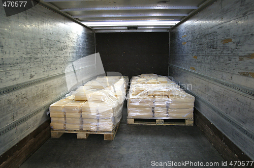 Image of manufactured cheese on pallets in back of truck