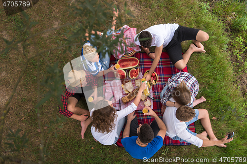 Image of top view of group friends enjoying picnic time