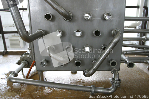 Image of pipes and valves in modern dairy plant