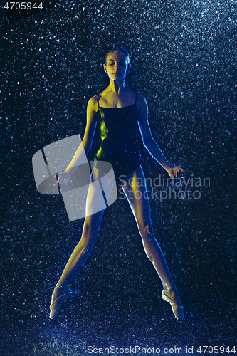 Image of Two young female ballet dancers under water drops