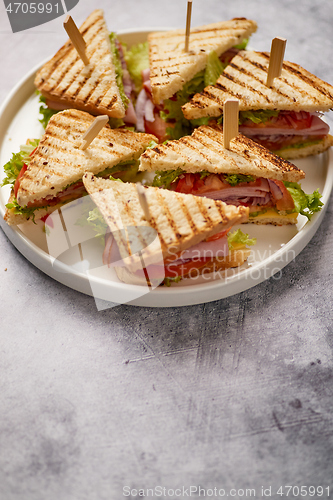 Image of Appetizing fresh and healthy grilled club sandwiches with ham and cheese