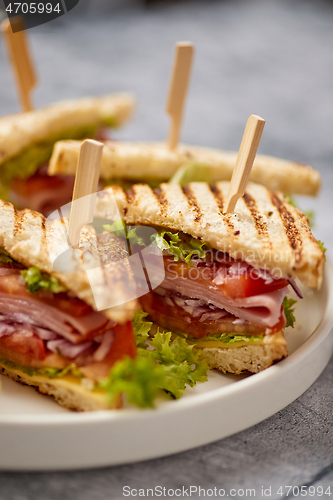 Image of Appetizing fresh and healthy grilled club sandwiches with ham and cheese