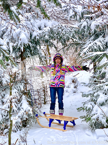 Image of Girl with sled in winter forest