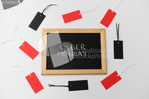 Image of chalk board with cyber monday words and sale tags