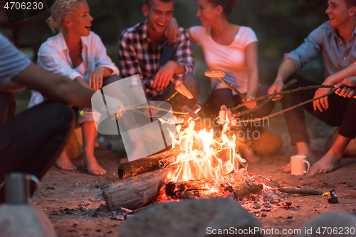 Image of young friends relaxing around campfire