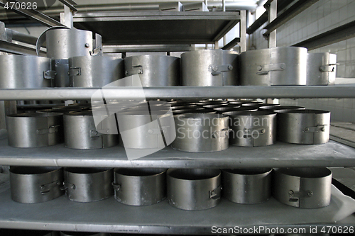 Image of cheese moulds in modern dairy factory