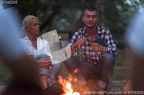 Image of young friends relaxing around campfire