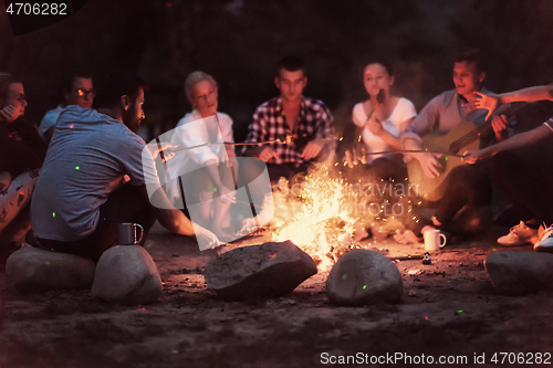 Image of young friends relaxing around campfire