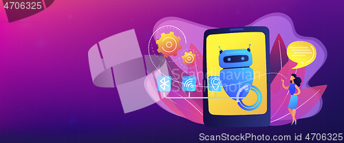 Image of Chatbot virtual assistant via messaging concept banner header.