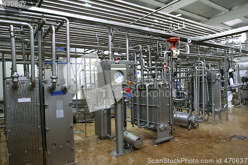 Image of temperature control valves and pipes  in dairy production factory