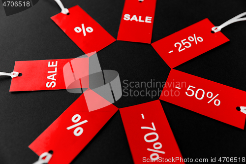 Image of red tags with discount signs on black background