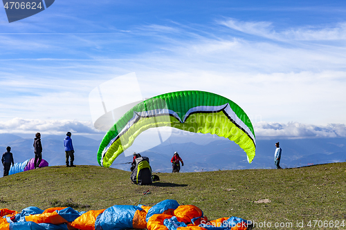 Image of Monte San Vicino, Italy - November 1, 2020: Paragliding in the m