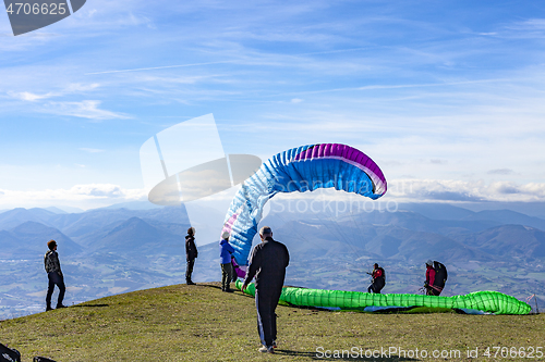 Image of Monte San Vicino, Italy - November 1, 2020: Paragliding in the m