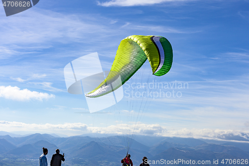 Image of Monte San Vicino, Italy - November 1, 2020: Paragliding in the m