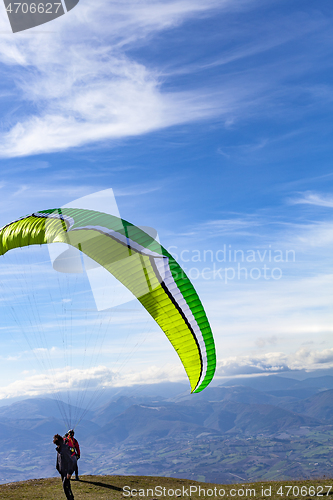 Image of Monte San Vicino, Italy - November 1, 2020: Paragliding in the m