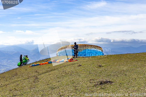 Image of Monte San Vicino, Italy - November 1, 2020: Paragliding in the m