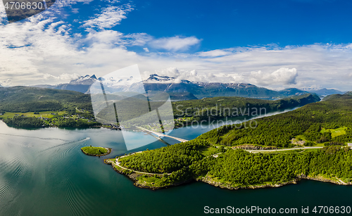 Image of Panorama Beautiful Nature Norway natural landscape. Whirlpools o