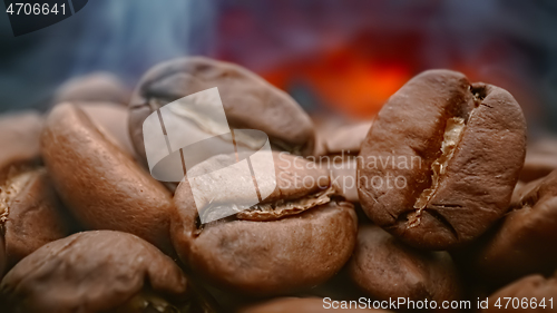 Image of Close up of seeds of coffee. Fragrant coffee beans are roasted s