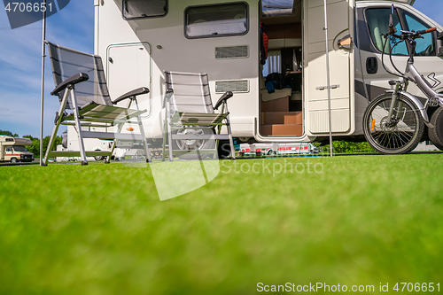 Image of Family vacation travel RV, holiday trip in motorhome