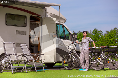 Image of Family vacation travel RV, holiday trip in motorhome