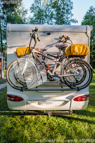 Image of Two bicycles on a caravan. Family vacation travel RV, holiday tr