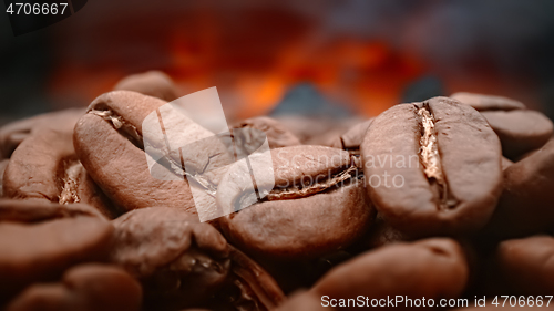 Image of Close up of seeds of coffee. Fragrant coffee beans are roasted s