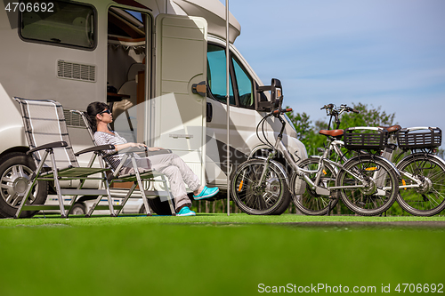 Image of Family vacation travel RV, holiday trip in motorhome