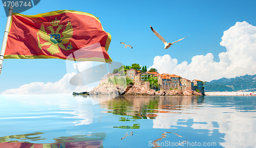 Image of Flag and Sveti Stefan Island