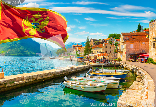 Image of Flag and city Perast Montenegro
