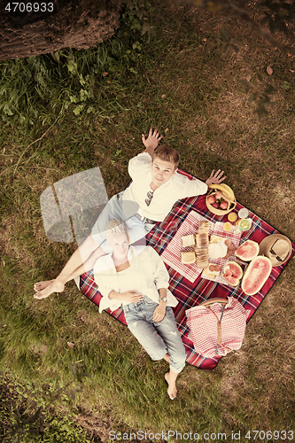 Image of top view of couple enjoying picnic time