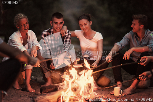 Image of young friends relaxing around campfire