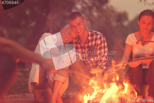 Image of young friends relaxing around campfire