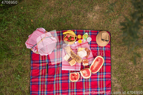 Image of top view of picnic blanket setting on the grass