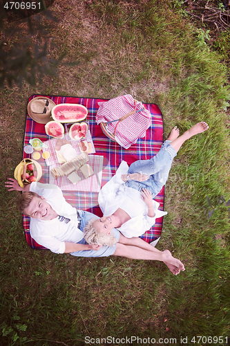 Image of top view of couple enjoying picnic time