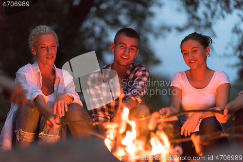 Image of young friends relaxing around campfire