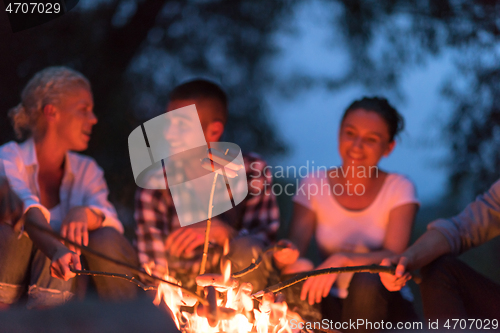 Image of young friends relaxing around campfire