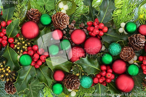 Image of Christmas Background with Winter Greenery and Baubles