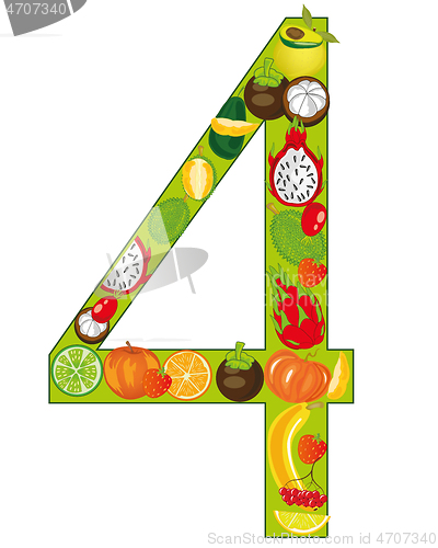 Image of Numeral four fruits on white background is insulated