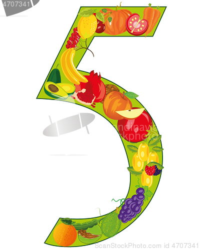 Image of Numeral five from fruit on white background is insulated