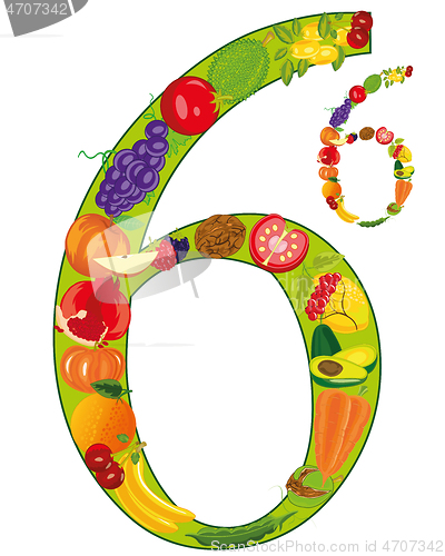 Image of Decorative numeral six built from fruit and vegetables