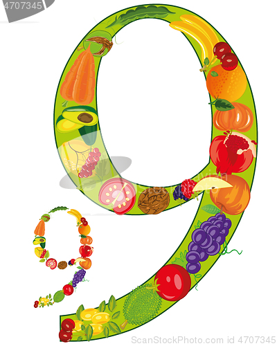 Image of Decorative symbol numeral nine from vegetables and fruit