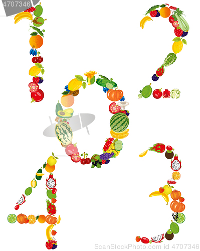 Image of Fruits and vegetables of the number on white background is insulated