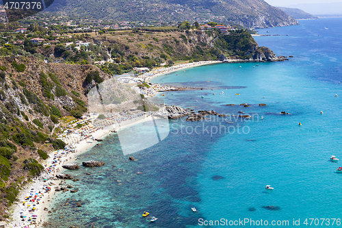 Image of Amazing tropical panoramic view of turquoise gulf bay, sandy bea