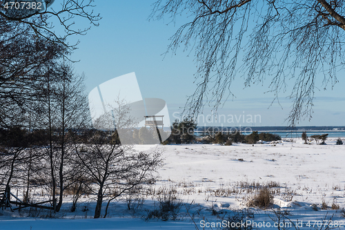 Image of Bird watching tower in a winter landscape