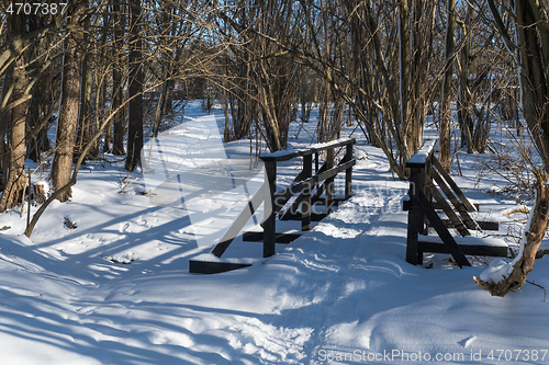Image of Wooden footbridge in a snowy forest
