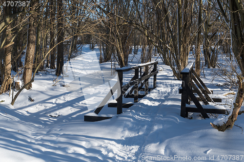 Image of Wooden footbridge in a snowy forest