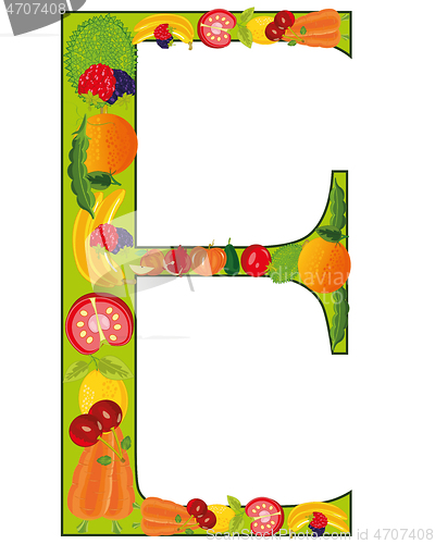 Image of English letter E decorated fruit and vegetables