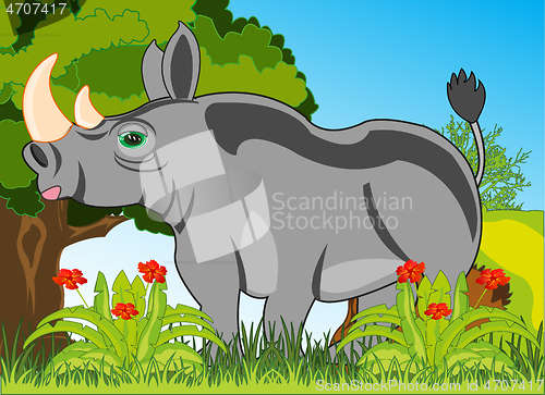 Image of Animal rhinoceros on background of the flowering nature