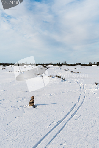Image of Stone cairn and ski tracks in a wintry landscape